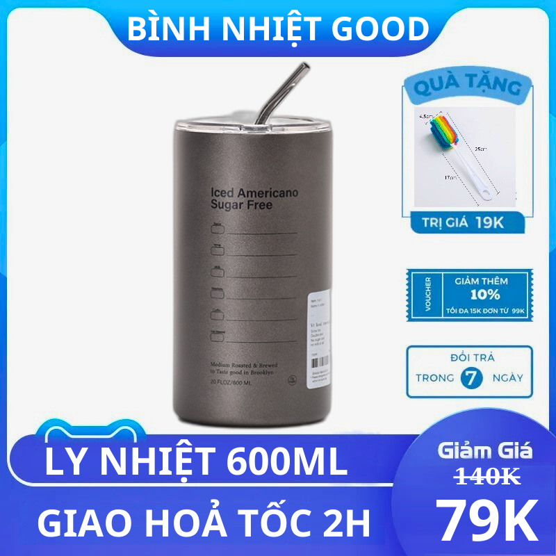 [KÈM ỐNG HÚT] Bình nước giữ nhiệt, ly giữ nhiệt Iced Americano inox 304 đúc liền khối cao cấp có nắp đậy