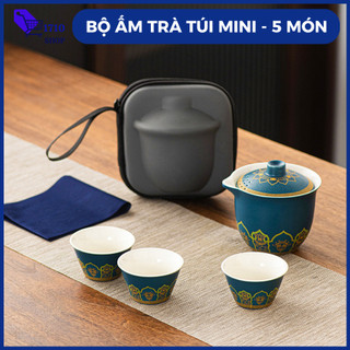 Bộ Ấm Chén Uống Trà Mini Kèm Túi Xách 5 Món, Bộ Ấm Trà Gốm Sứ Mang Đi Du Lịch, Bộ Chén Khải Tiềm Pha Trà Phong Cách