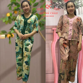 Đồ bộ nữ trung niên cho mẹ, bộ trung niên nữ lụa pháp, quần dài ống vừa -QC05