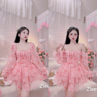 Váy tơ bèo ngực tay dài dáng xoè tầng