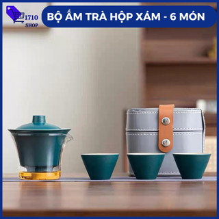 Bộ chén khải tiềm pha trà nước men tối màu kèm hộp xám 6 món, bộ ấm trà gốm sứ mang đi du lịch, bộ ấm chén uống trà