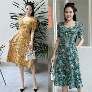 Đầm xòe hoa đính nút tay phồng, có túi - gr0306