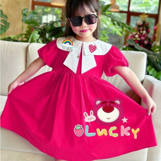 Váy bé gái mùa hè chất thô tay bồng cổ CAVAT hình gấu dâu cho bé gái, đi học, đi chơi 13 - 40kg