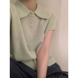 Áo len cổ đức tay cộc dáng suông cúc bọc