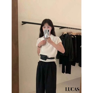 Áo len cổ đức tay cộc dáng suông cúc bọc