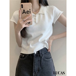 Áo len cổ đức tay cộc dáng suông cúc bọc