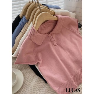 Áo len cổ đức tay cộc dáng suông cúc bọc