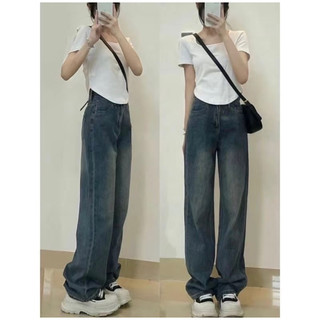 Quần jeans suông nữ retro nhạt retro đậm from rộng dáng dài