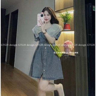 Váy jeans cổ voan bèo tầng chiết eo metwo.dearu - đầm bò denim ngắn xòe qc phối voan tơ 3 tầng chiết eo ulzzang hàn quốc