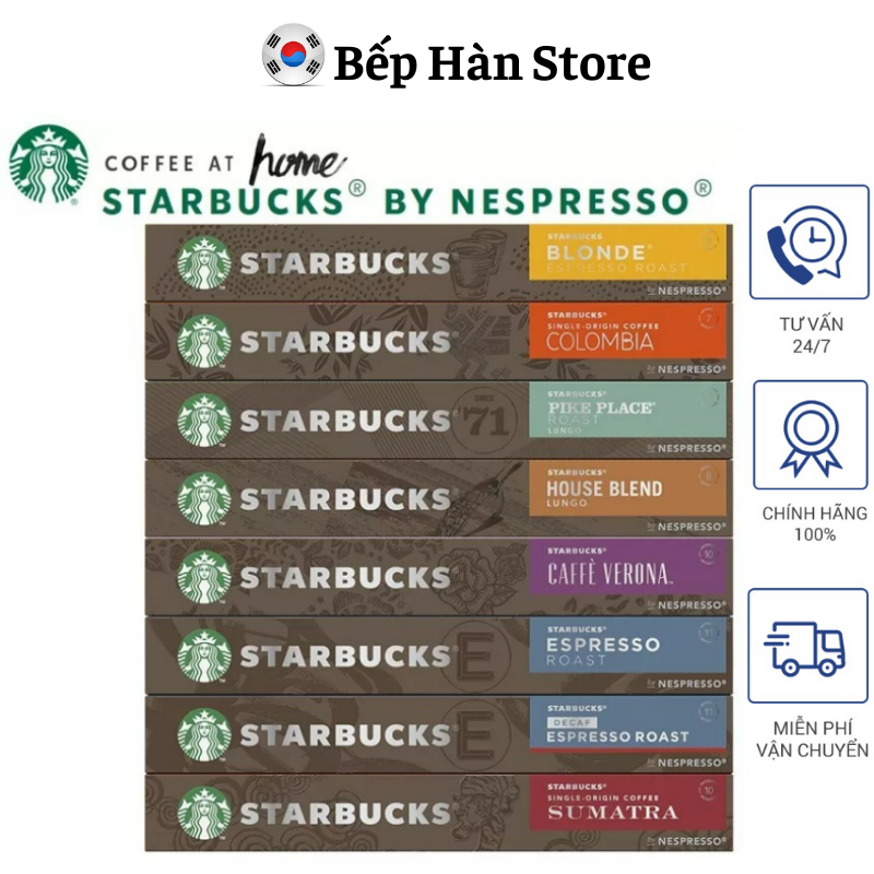 Cà Phê Viên Nén Nespresso Starbucks, Viên Nén Cà Phê Nespresso, 10 Viên, Nhiều Vị, Hàng Chính Hãng, 