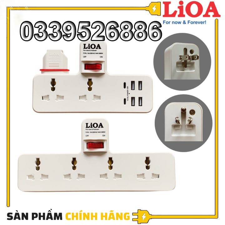 Ổ chia điện đa năng thông minh LIOA 3300W chân cắm 2 chạc, sạc nhanh USB TypeC