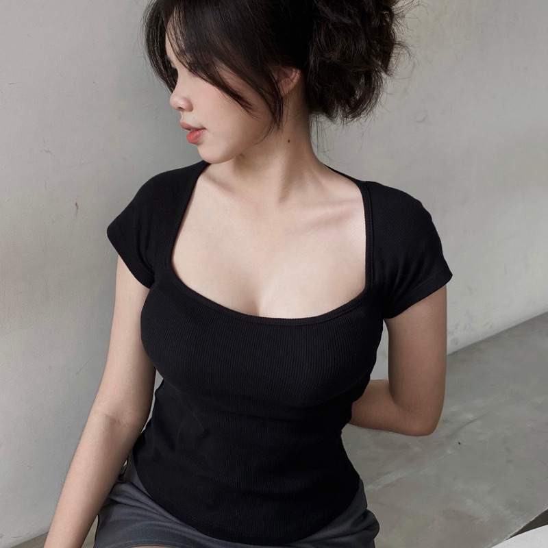Áo thun kiểu tay ngắn cúp ngực cổ vuông ôm gọn tôn dáng Michi , áo thun hè nữ | BigBuy360 - bigbuy360.vn