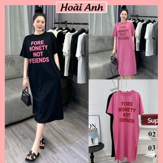 Váy Phông Suông Nữ Ngắn Tay In Chữ Hồng FORE MONEt Đầm Nữ Dáng Dài Form Thụng Freesize
