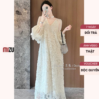 Váy Babydoll Cổ V Hoa Nổi Dài Tay Tơ Óng Ánh Đính Hoa MIZU - Đầm Có Bigsize Vải Tơ Lụa Dáng Maxi Cực Xinh Tỷ Tỷ Trung PL