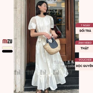 Váy Babydoll Dáng Tiểu Thư Hoa Thêu Cổ Tròn Tay Cộc Thoải Mái - Đầm MIZU Lớp Kèm Đai Tháo Rời - Vải Tơ 2 Lớp Maxi Đen Be