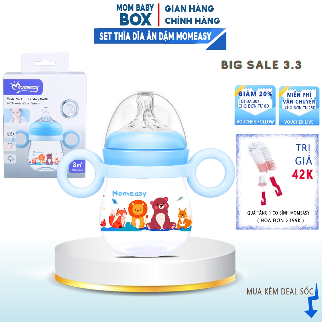 Bình Sữa Cổ Rộng Momeasy 210ML Có Tay Cầm Núm Silicone Mềm Mịn Cho Bé