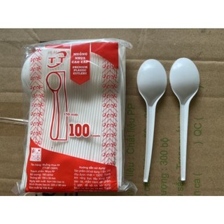 1 túi 100 chiếc thìa muỗng nhựa dùng 1 lần màu trắng sữa cao cấp dùng cho nhà hàng, quán ăn