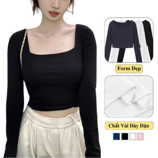 Áo Thun Cổ Vuông Nữ Tay Dài Madela Form Croptop Ôm Body, Áo Croptop Nữ Dài Tay Cổ Vuông