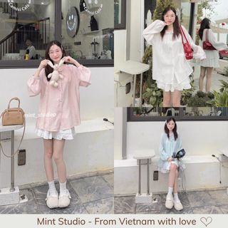 Áo sơmi đũi cổ bèo nơ nono tay bồng siêu mềm mát