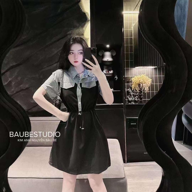 Đầm zip phối jean bò cổ sơ mi