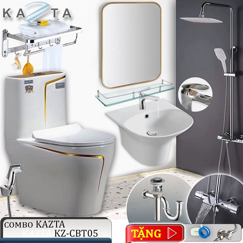 Combo Thiết Bị Nhà Tắm KAZTA KZ-CBT05: Bồn Cầu Viền Vàng,Lavabo Treo Liền Chân,Sen Cây Tắm Chỉnh Nhiệt,Gương Viền Vàng