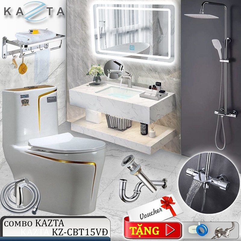 Combo Thiết Bị Nhà Tắm Cao Cấp KAZTA KZ-CBT15VĐ: Bồn Cầu Viền Vàng-Sen Tắm Chỉnh Nhiệt Độ-Gương LED-Lavabo Âm Bàn Đá