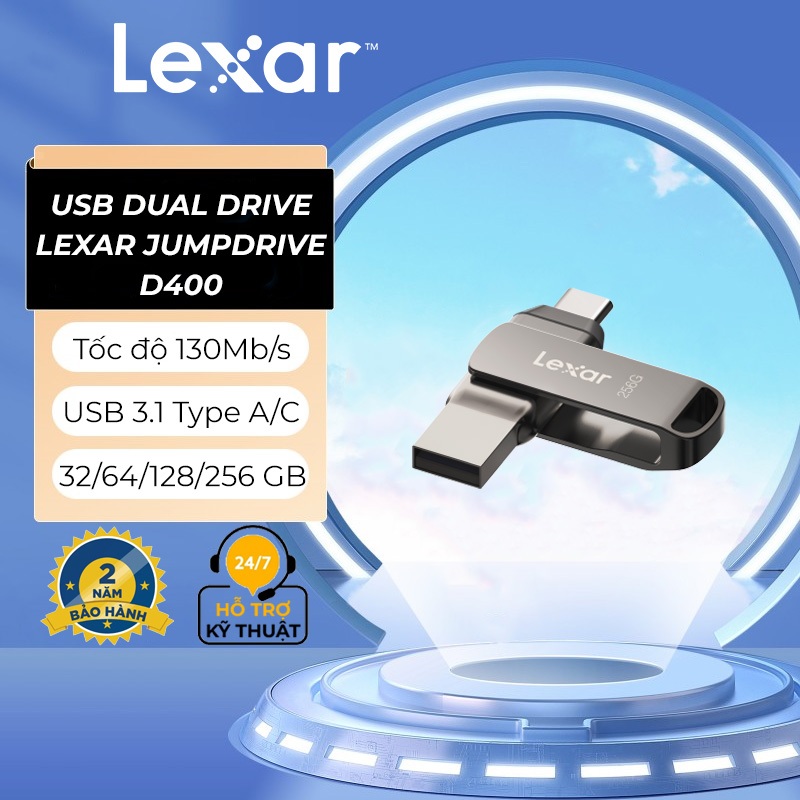 USB 3.1 32GB/ 64GB/ 128GB/ 256GB Lexar Dual Drive D400 Type-C/ Type-A, tốc độ 130Mb/s, tương thích PC/ MAC/ Android