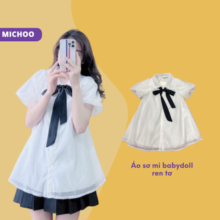 Áo Sơ Mi Babydoll Cổ Nơ MICHOO Ren Tơ Viền Cổ Form Thụng
