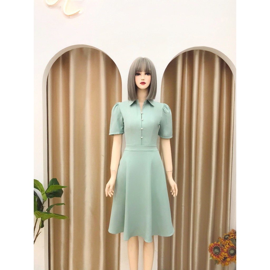 Đầm công sở Nhật Vy cổ sơ mi tay ngắn dáng xoè đơn giản chất liệu lụa phù hợp đi làm dự tiệc dạo phố thanh lịch - D2979