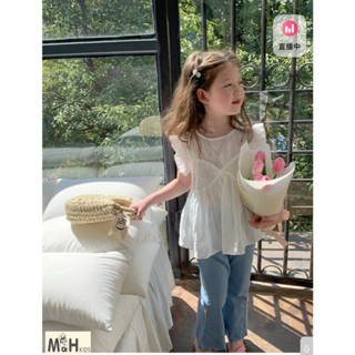 Bộ áo kiểu thêu hoa kèm quần jean ống loe cho bé gái