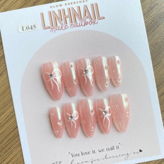 L045 Nailbox thiết kế màu hồng thạch họa tiết nơ vẽ đính đá tráng gương ánh trai