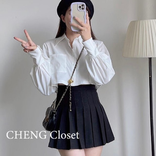 Áo sơ mi thô tay dài dáng ngắn croptop tay bồng túi ngực , áo sơ mi ngắn phong cách ulzzang trẻ trung năng động