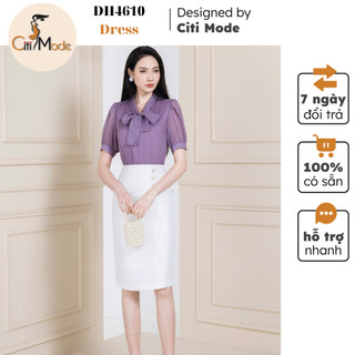Đầm công sở CITI MODE FASHION thiết kế dáng ôm trắng nhún phối áo tím buộc nơ DH4610