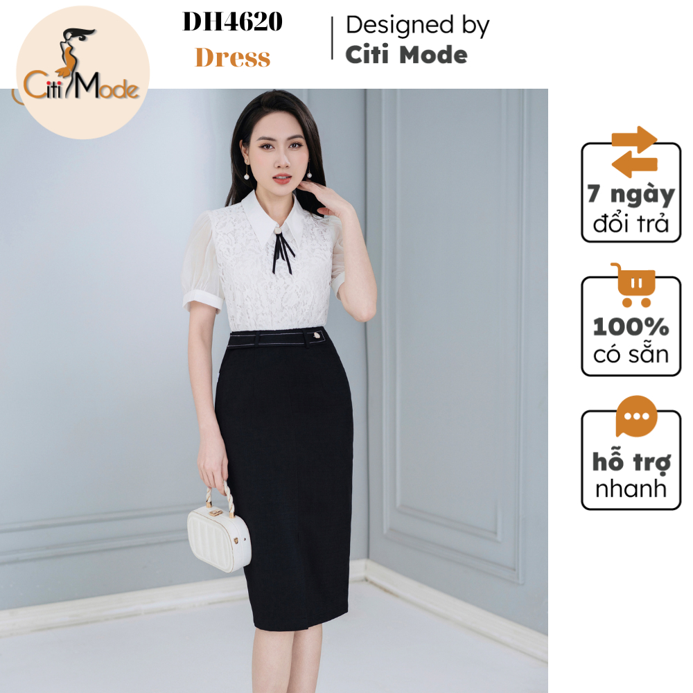 Đầm công sở CITI MODE FASHION thiết kế dáng ôm đen phối áo ren trắng cổ đức DH4620