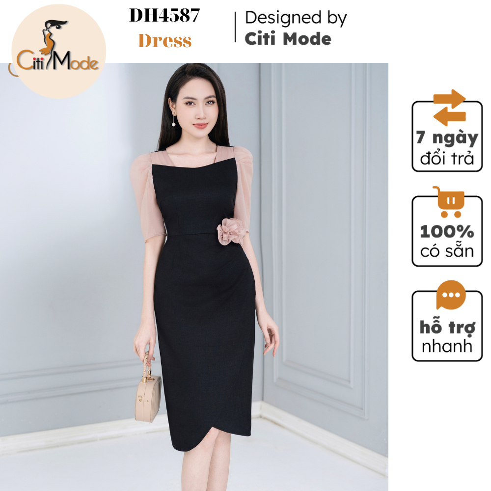 Đầm công sở CITI MODE FASHION thiết kế dáng ôm đen nhún hông phối tay voan DH4587