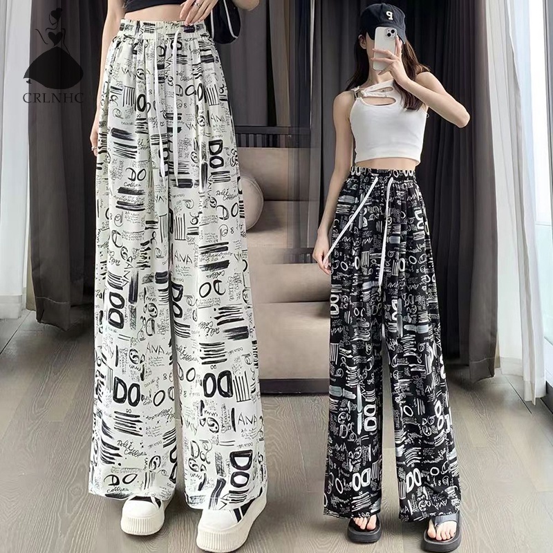 𝐅𝐑𝐄𝐄 𝐒𝐇𝐈𝐏 Quần Suông Lụa Hàn Mềm Mịn Mát Họa Tiết Hottrend Cạp Chun Dây Rút Dài 98cm