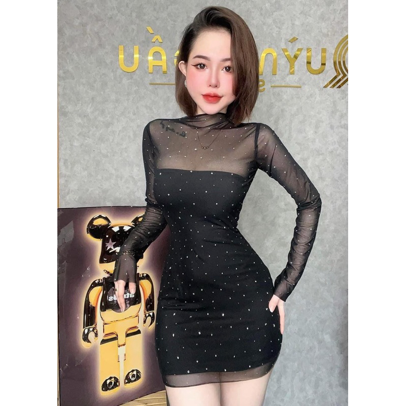 Đầm body lưới ép đá bling bling tay dài