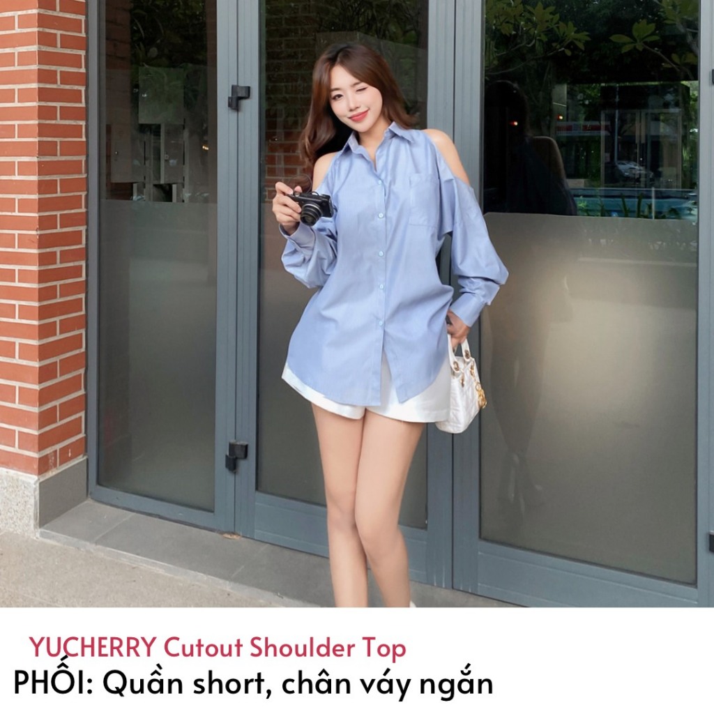 YU CHERRY | Áo sơmi basic kẻ sọc nhỏ khoét vai cách điệu Cutout Shoulder Shirt YA474