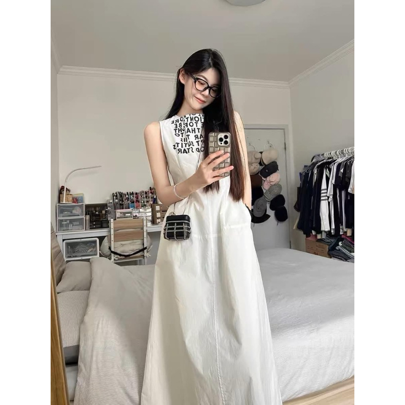 Váy trắng thắt eo tay sát dài qua gối hàng QC