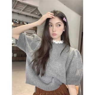   ORDER  Áo sơ mi len dệt kim cộc tay màu xám  đen cổ phối ren điệu đà tay phồng sang chảnh hàng Quảng Châu cao cấp 