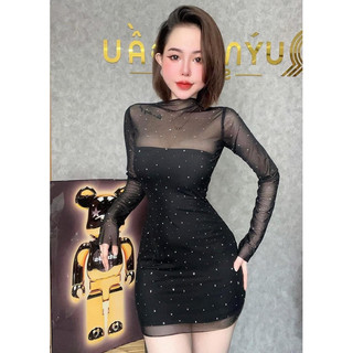 Đầm body lưới ép đá bling bling tay dài