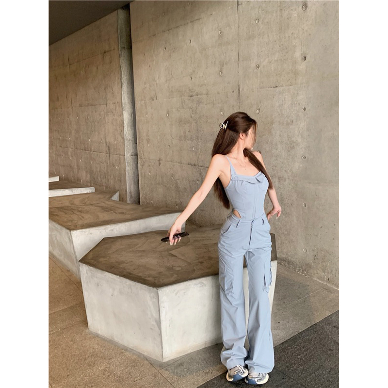 Set gồm jumpsuit và quần túi hộp - xanh da trời/ trắng hơi xám