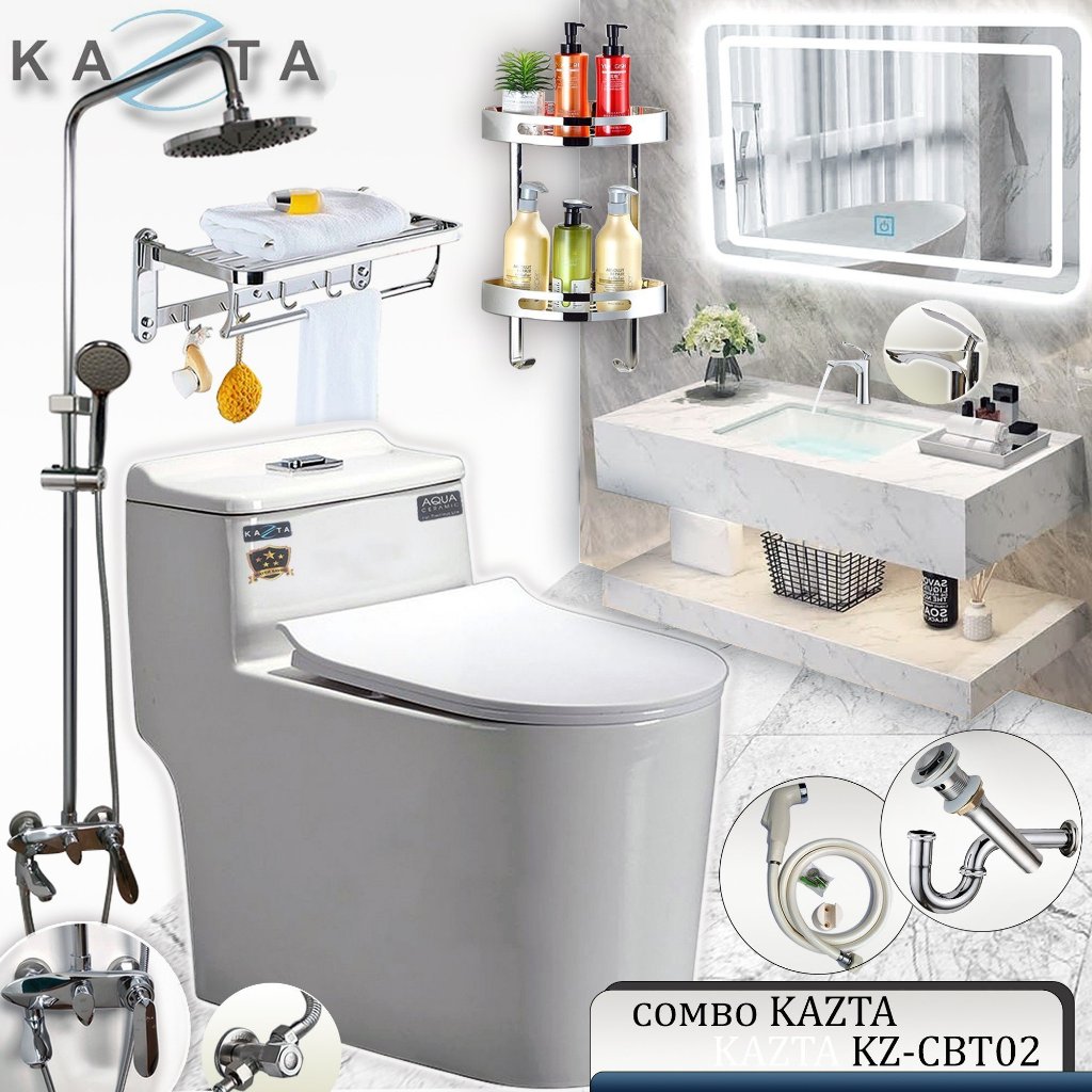 Combo Thiết Bị Nhà Tắm Cao Cấp KAZTA KZ-CBT02:Bồn Cầu Liền Xả Mạnh, Lavabo Âm Bàn Đá Kèm Kệ, Gương Đèn Led, Sen Tắm Đứng