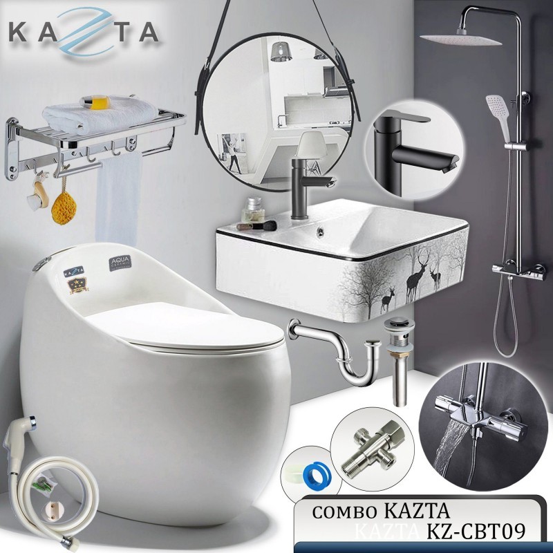 Combo Thiết Bị Nhà Tắm Cao Cấp KAZTA KZ-CBT09: Bồn Cầu Trứng, Lavabo Treo Vuông, Sen Cây Chỉnh Nhiệt - Đầy Đủ Phụ Kiện