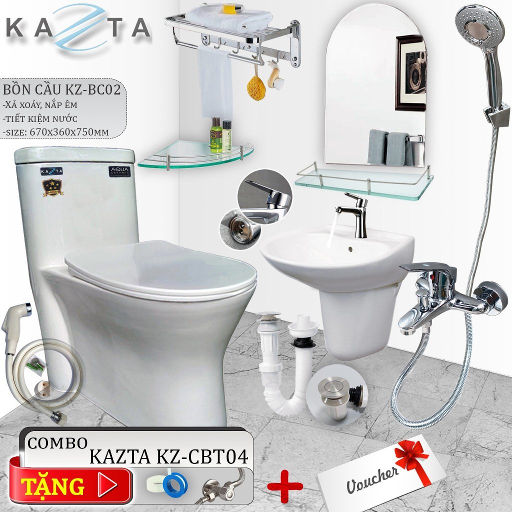 Combo Thiết Bị Nhà Tắm Cao Cấp KAZTA KZ-CBT04: Bồn Cầu Liền Xả Siêu Sạch, Lavabo Treo Kèm Chân - Đầy Đủ Phụ Kiện