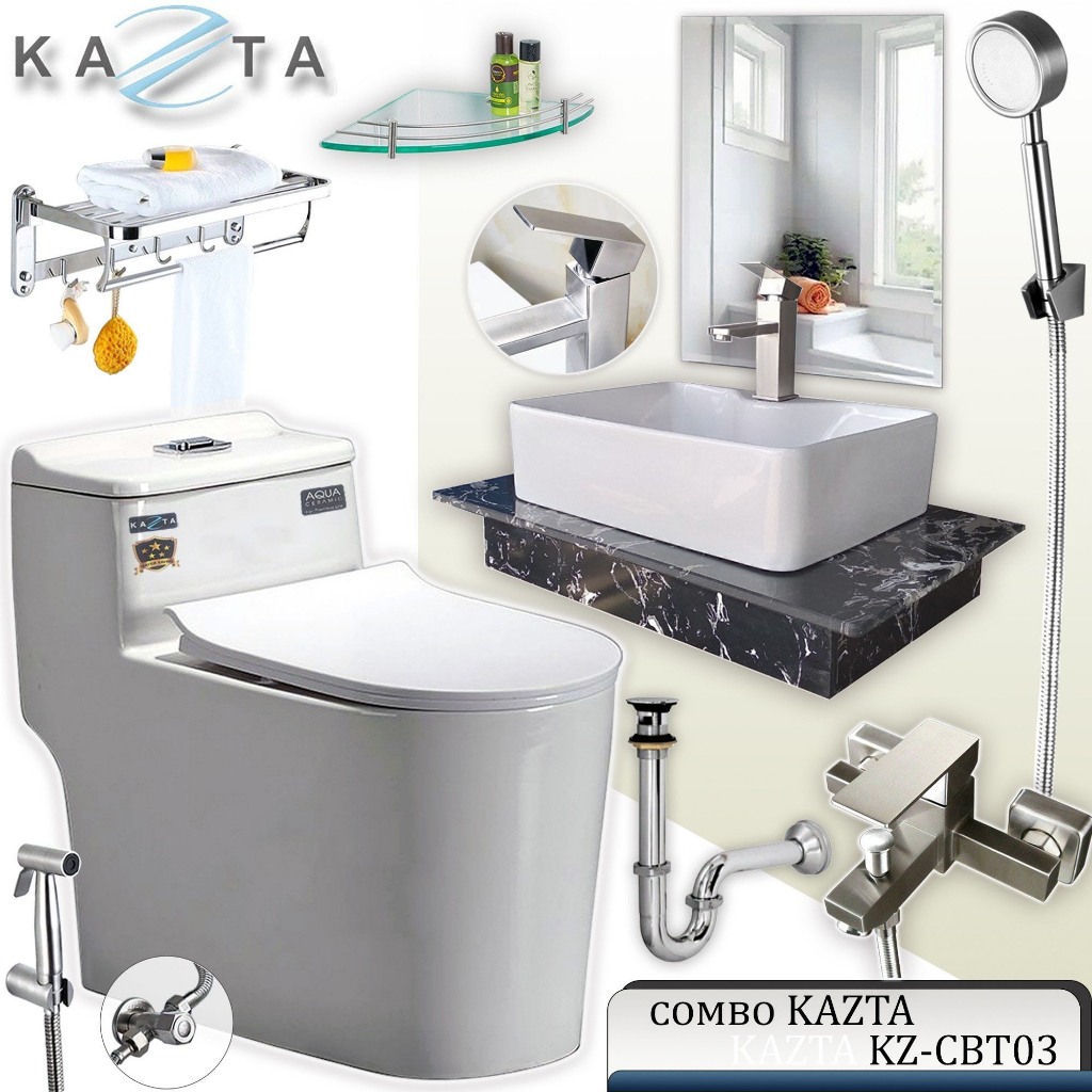 Combo Thiết Bị Nhà Tắm Cao Cấp KAZTA KZ-CBT03: Bồn Cầu Liền Xả Siêu Sạch, Lavabo Đặt Bàn Đá, Sen Tắm - Đầy Đủ Phụ Kiện