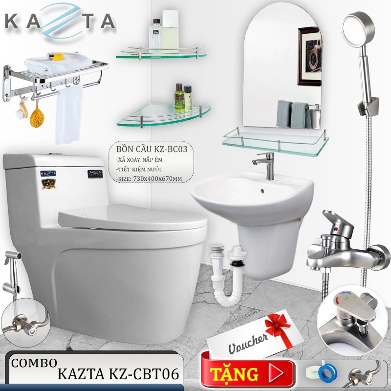 Combo Thiết Bị Nhà Tắm Cao Cấp KAZTA KZ-CBT06: Bồn Cầu Liền Khối Xả Xoáy, Lavabo Treo Tường Kèm Chân - Đầy Đủ Phụ Kiện