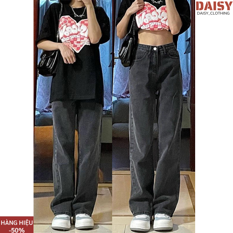 Quần jean nữ ống suông rộng Cạp Cao DAISY ,quần bò jeans nữ màu đen ống rộng phong cách RETRO Ulzzang 2023 | BigBuy360 - bigbuy360.vn