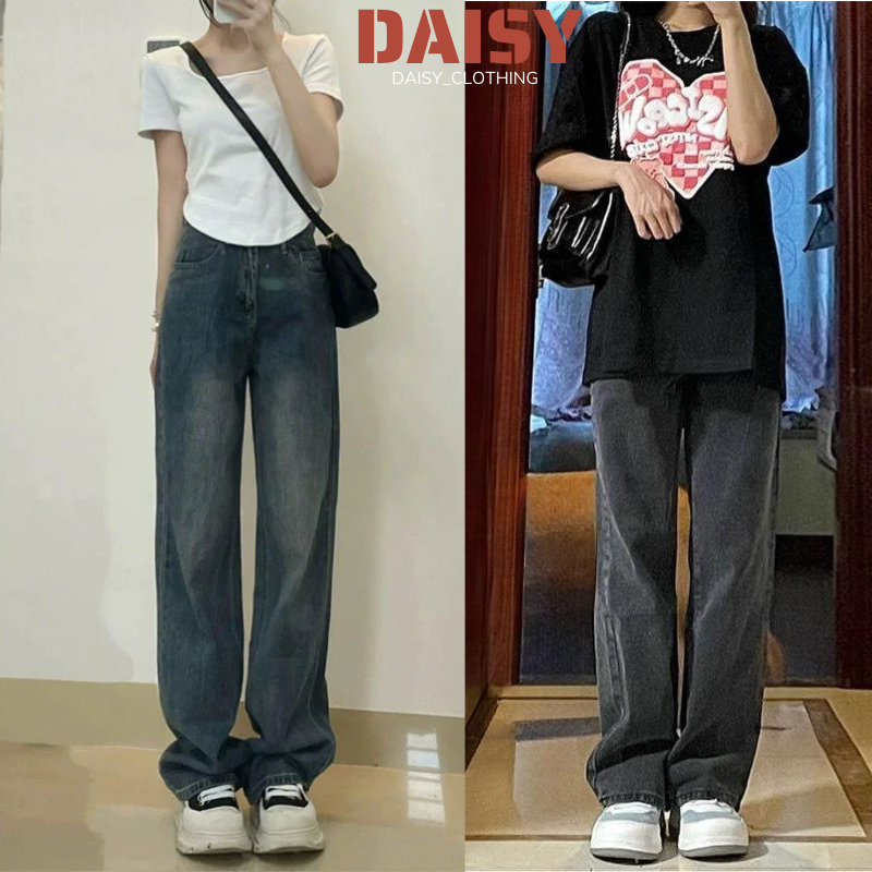 Quần jean nữ ống suông rộng Cạp Cao DAISY ,quần bò jeans nữ màu đen ống rộng phong cách RETRO Ulzzang 2023 | BigBuy360 - bigbuy360.vn