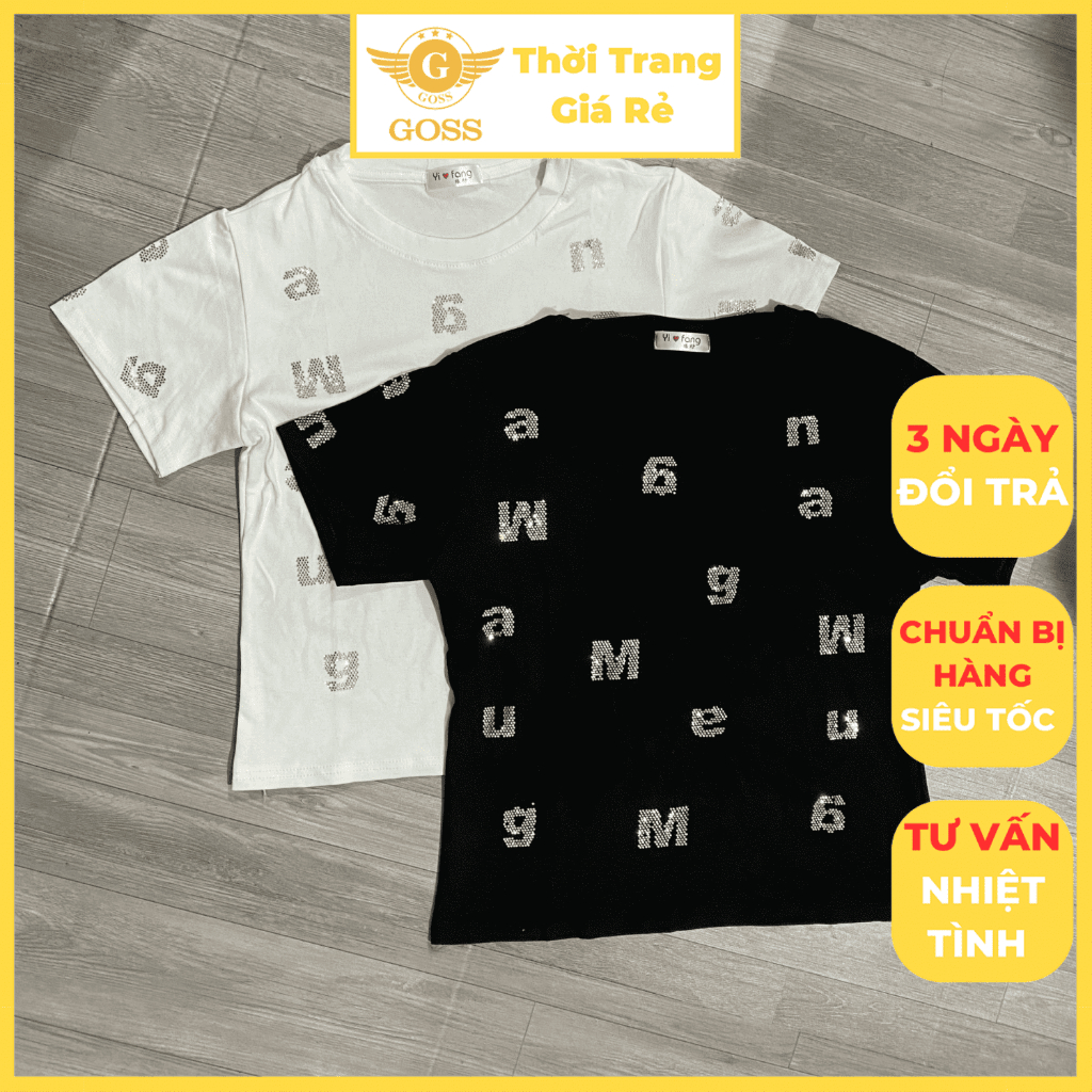 Áo Thun Nữ Phối Chữ W.A.N.G Đính Đá Bling Trẻ Trung Năng Động GOSS GA108 Áo Phông Nữ Freesize Đi Chơi Dạo Phố Mùa Hè